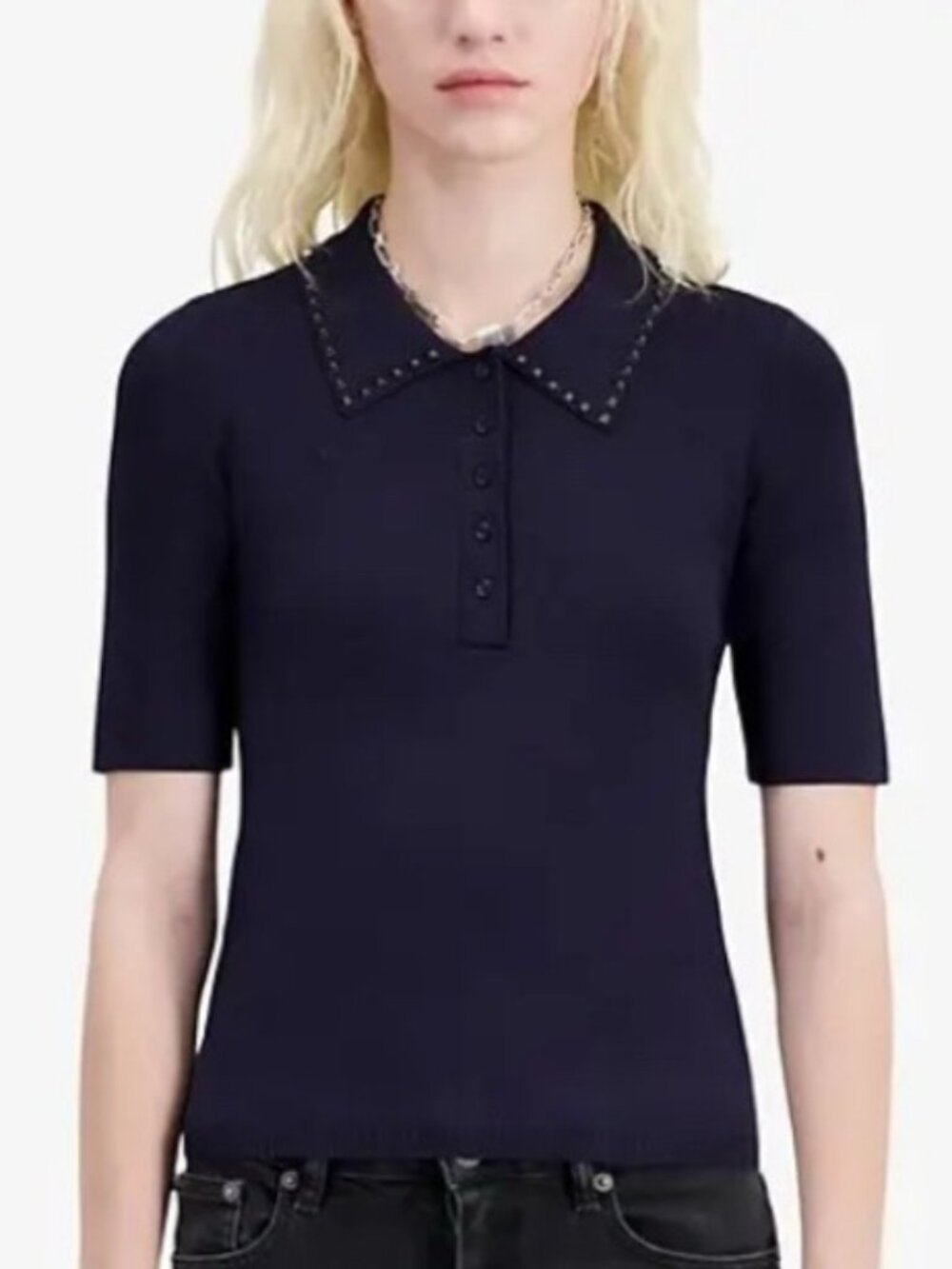 The Kooples Shimmer Knit Studded Polo Top